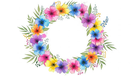 A circular wreath composed of hand-painted watercolor flowers in shades of pink, yellow, blue, purple, and orange, interspersed with green leaves and small buds,...の素材