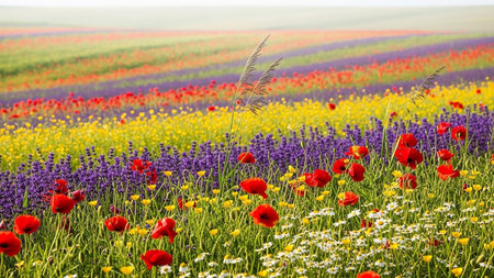 A landscape view of a rolling field showcasing distinct horizontal stripes of vibrant flowers like lavender, red poppies, yellow daisies, and white blossoms.の素材
