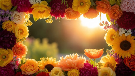 Outdoor showing vibrant floral frame bursting with colorful flowers including sunflowers roses poppies and dahlias in shades of yellow orange pink and red against a...の素材