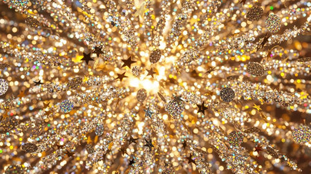 A vibrant explosion of golden and silver glittery confetti stars and circles fills the frame, illuminated by a bright central light source.の素材