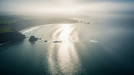 An aerial perspective captures a misty coastal scene with sunlit ocean waves reflecting light. Jagged rocks emerge from the water near a curved sandy beach and...の素材
