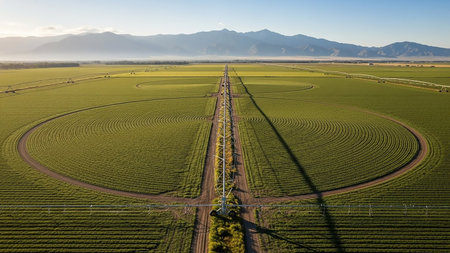 An aerial view of expansive green agricultural fields featuring circular irrigation patterns leading towards distant mountains under a clear blue sky.の素材