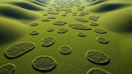 Pattern showing aerial view of a vast green rolling landscape with numerous circular and oval patches of textured grass creating a unique and surreal natural...の素材