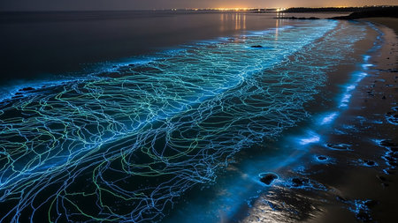 Bioluminescent plankton illuminating a sandy beach shoreline at night with glowing blue and green light trails in the ocean waves and wet sand.の素材