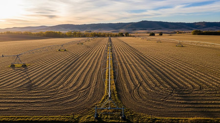 Technology showing agricultural field with parallel rows of dry soil stretching towards distant rolling hills under a warm sunset sky with long shadows cast by...の素材