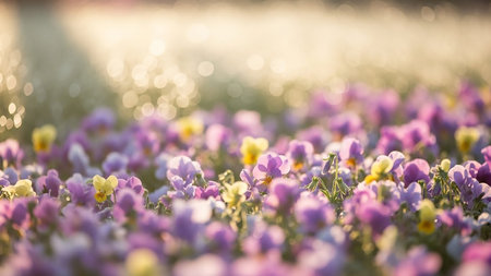 Category: showing soft focus close-up of delicate purple and yellow pansy flowers bathed in warm golden sunlight with bokeh highlights keywords: pansies, flowers,...の素材