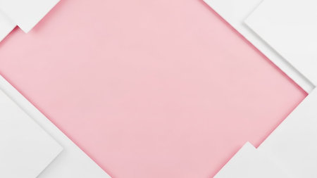 White geometric frames are positioned diagonally on a soft pink background, forming a clean, minimalist abstract composition with open space.の素材