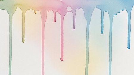 Abstract watercolor drips in soft pastel shades of pink, blue, yellow, and green cascade down a textured white surface, creating a delicate and fluid artistic effect.の素材