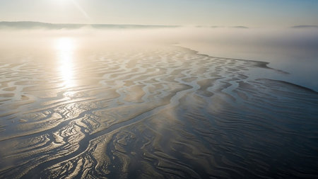 A misty morning reveals intricate patterns of sand and water channels on a tidal flat, with the sun reflecting softly on the wet surface.の素材