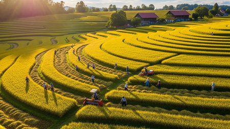 Landscape showing golden rice terraces during harvest season with farmers working and tractors in a scenic rural landscape at sunset keywords: rice terraces, golden...の素材