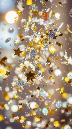 Gold and silver confetti in star and circle shapes fall amidst blurred bokeh lights, creating a magical and celebratory atmosphere for events.の素材