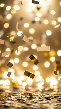 Golden confetti and paper streamers fall against a backdrop of warm, blurred yellow bokeh lights. The foreground more confetti scattered on a surface.の素材