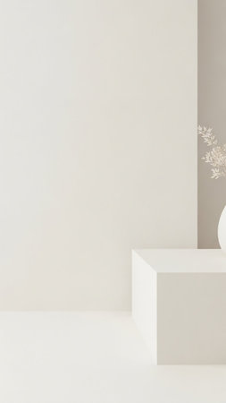 Minimalist showing minimalist interior scene with geometric white pedestal and a delicate dried plant in a vase against a neutral toned wall. resolutionの素材
