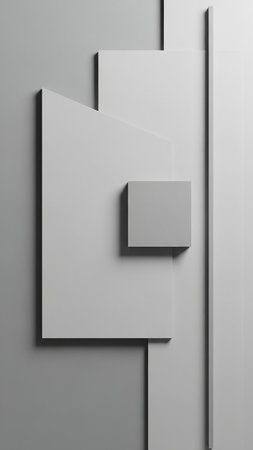 Architectural showing minimalist geometric composition of overlapping light grey and white rectangular and square planes creating a modern abstract architectural...の素材