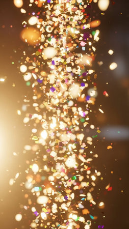 A vertical stream of colorful confetti and glitter falls dynamically, illuminated by golden light and blurred bokeh effects.の素材
