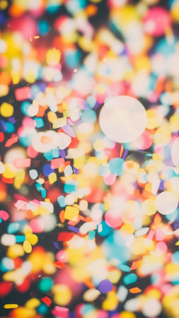 A vibrant abstract background filled with colorful, out-of-focus bokeh lights and scattered confetti shapes in various bright hues.の素材
