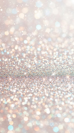 A soft focus background featuring shimmering silver and rose gold glitter. Scattered pastel bokeh lights and subtle sparkles create a and ethereal visual effect.の素材