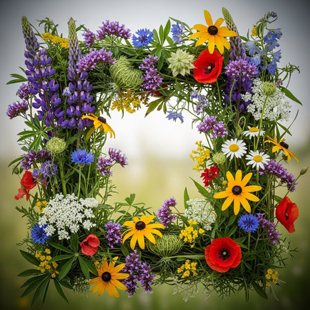 A square frame composed of diverse colorful wildflowers like lupine poppies and daisies is set against a softly blurred green natural background.の素材