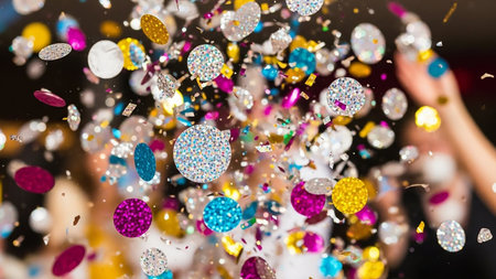 A dynamic explosion of colorful confetti and glitter fills the air, with a blurred hand reaching out in the background.の素材