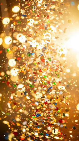 Illuminates showing golden light illuminates a dense shower of colorful confetti and bokeh circles creating a magical and celebratory atmosphere with a shallow...の素材