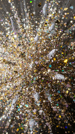 A dynamic explosion of gold, silver, and multicolored glitter and sparkles against a dark background, creating a festive burst of light.の素材