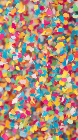 showing a close-up vertical view of numerous small, brightly colored pieces of confetti scattered and falling against a white background. resolution...の素材