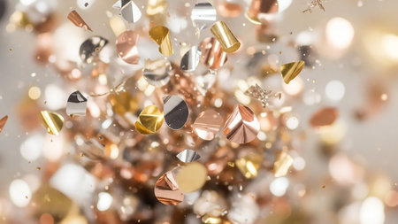 Bright showing a celebratory explosion of metallic gold rose gold and silver confetti pieces scattered in a dynamic airborne motion against a soft bokeh background...の素材