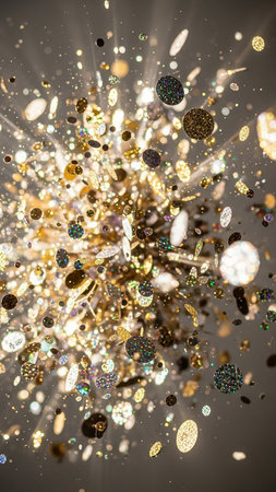 Glitter showing a burst of golden and silver glitter particles and bokeh lights exploding outwards against a soft grey background creating a magical and celebratory...の素材