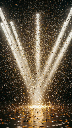 Bright showing dramatic stage spotlights illuminating a dense shower of golden confetti falling onto a dark reflective surface creating a festive celebratory...の素材