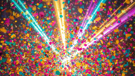 Vibrant showing explosion of colorful confetti and bright light beams in a vibrant celebration scene. resolution use.の素材