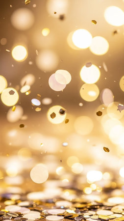 Celebratory showing golden bokeh lights and falling confetti creating a festive and celebratory atmosphere with a shallow depth of field and warm tones keywords:...の素材
