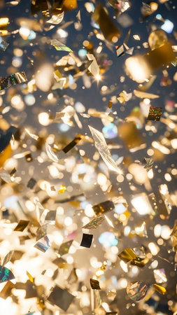 Motion showing golden confetti and sparkling bokeh lights falling and glittering against a dark blue background creating a festive celebratory atmosphere keywords:...の素材