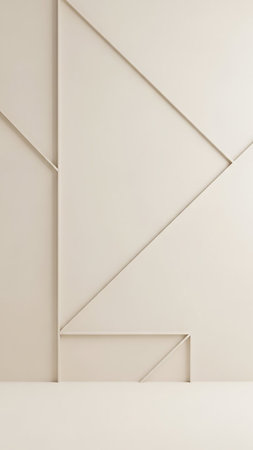 A minimalist abstract background featuring beige geometric wall paneling with sharp intersecting lines and subtle shadows, creating a clean and modern textured surface.の素材
