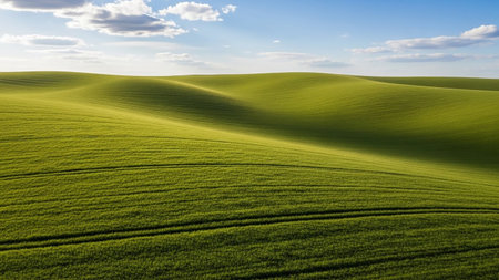 Serene showing rolling green hills under a bright blue sky with scattered white clouds showcasing the undulating landscape and subtle tire tracks on the grassy...の素材