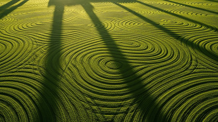 Aerial view of a vibrant green golf course fairway with perfectly manicured swirling patterns of grass and long dramatic shadows.の素材
