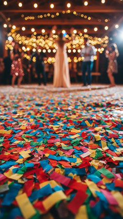 Floor showing colorful confetti scattered on a wooden floor with blurred people dancing under string lights at a celebration event keywords: confetti, party,...の素材