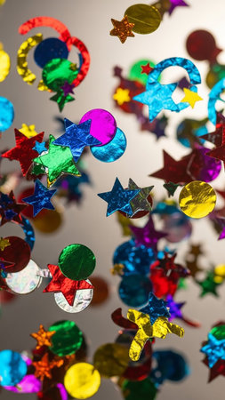 A vertical composition of colorful metallic confetti in various shapes like stars, circles, and rings, scattered and floating against a softly blurred background.の素材