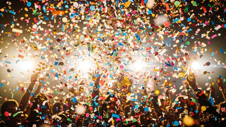 Vibrant showing vibrant confetti explosion over a cheering crowd at a festive celebration with bright lights and energetic atmosphere keywords: confetti,...の素材
