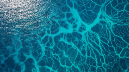 An aerial drone view of turquoise ocean water revealing intricate branching patterns of light and shadow on the surface.の素材