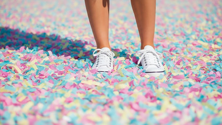 Bright showing close up of a person wearing white canvas sneakers standing on a ground covered in a thick layer of colorful pastel pink blue and yellow confetti...の素材