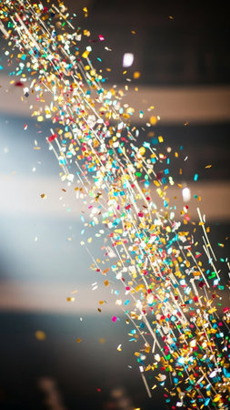 A diagonal cascade of vibrant colorful confetti and light streaks against a blurred dark background suggests a lively celebration.の素材