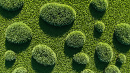 An overhead view of a vibrant green field with numerous round, fuzzy grass mounds creating an organic, textured pattern with detailed blades.の素材