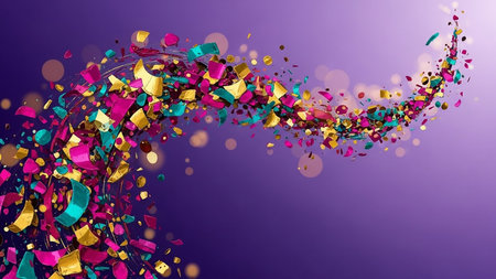 Vibrant showing swirling wave of vibrant confetti and metallic particles in pink gold and teal colors against a gradient purple background with bokeh lights.の素材