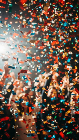 Vibrant confetti explosion in red blue gold and silver raining down on a crowd of blurred people celebrating a festive event with bright lights.の素材