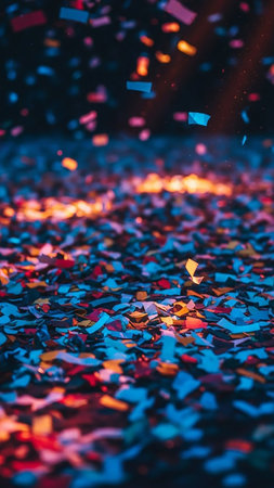 Vibrant showing colorful confetti scattered on a dark ground illuminated by vibrant red and blue lights creating a dramatic and energetic party scene with a shallow...の素材