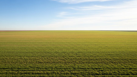 With showing expansive green field under a clear blue sky with wispy white clouds stretching to the horizon in a vast agricultural landscape. resolutionの素材