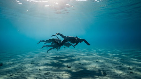 With showing three freedivers swimming with dolphins in clear blue ocean water sunlight rays shining through the surface onto sandy seabed. resolutionの素材
