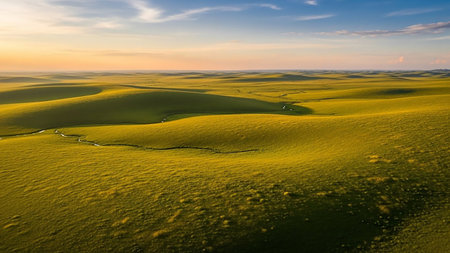 Expansive golden grassland with rolling hills and a winding stream under a soft sunset sky, creating a tranquil natural scene.の素材