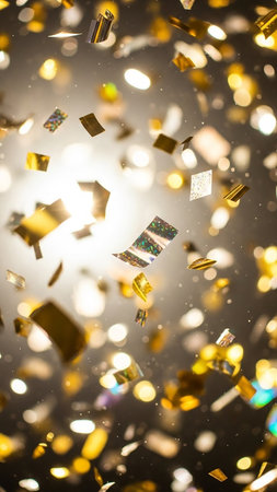 Vertical composition of falling gold and silver confetti and glitter against a dark background, illuminated by bright bokeh lights.の素材