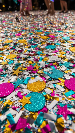 A close-up view of a vibrant explosion of colorful confetti and glitter in gold, pink, turquoise, and silver scattered across a surface.の素材